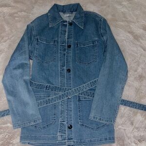 Dex Blue Jean Jacket with Belted Waist and Contrast Stitching